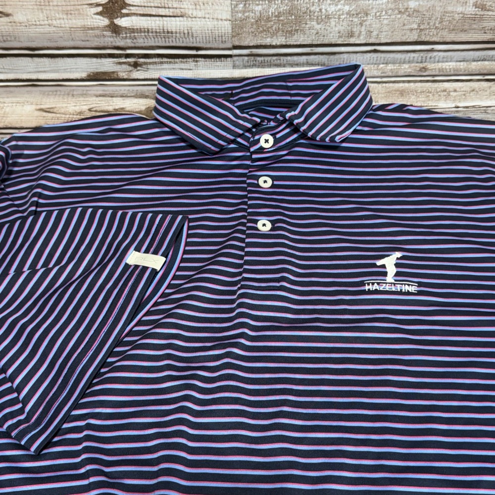 RLX Ralph Lauren Polo Shirt XL Blue Pink Striped Hazeltine Golf Short Sleeve